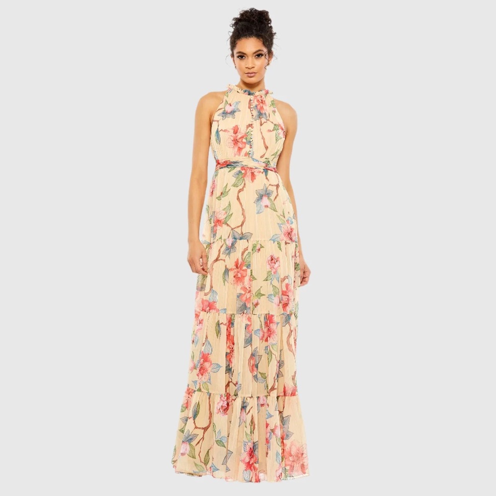 Mac Duggal Floral Button High Neck Maxi Dress Size 12